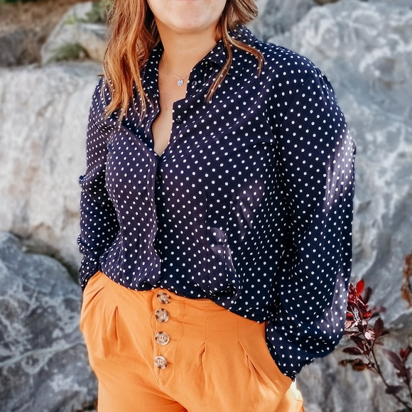 Hillard & Hanson Navy Polkadot Button Down Blouse - Picture 1 of 5